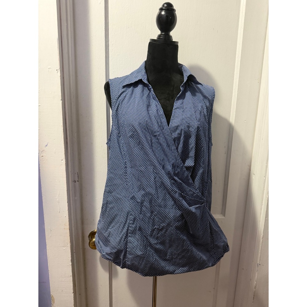 Talbots Blue White Polka Dot Surplice Tank Top Sleeveless Blouse 16W Stretch